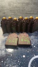 Load image into Gallery viewer, Candy canes cold process soap bar ( chocolate mint version)
